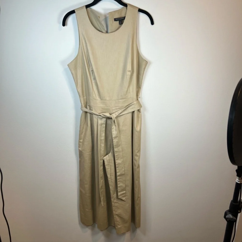Banana Republic Linen Blend Cropped Wide Leg Sleeveless Jumpsuit Tan Belt Size 6
